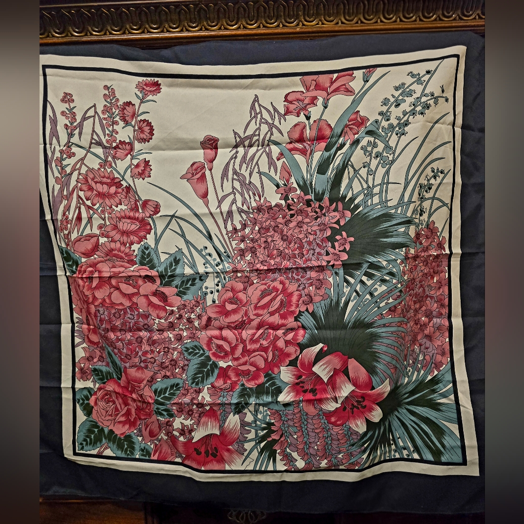 Vintage Floral Silk Scarf With Pink And Green Design